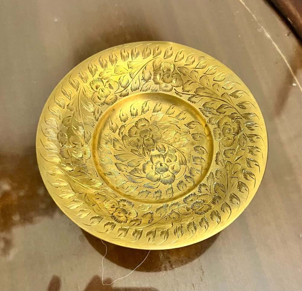 Vintage Hand-Etched Brass Pedestal Bowl Floral Motif Trinket Dish Made in India